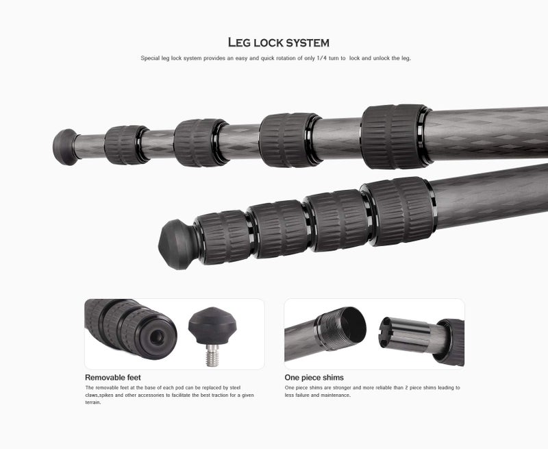Leofoto Killer Kit MP-285C + LH-25 Ball Head 5 Section CF Travel Monopod Carbon Fiber 60" Tall 17" Folded 1/4" & 3/8" - Image 3